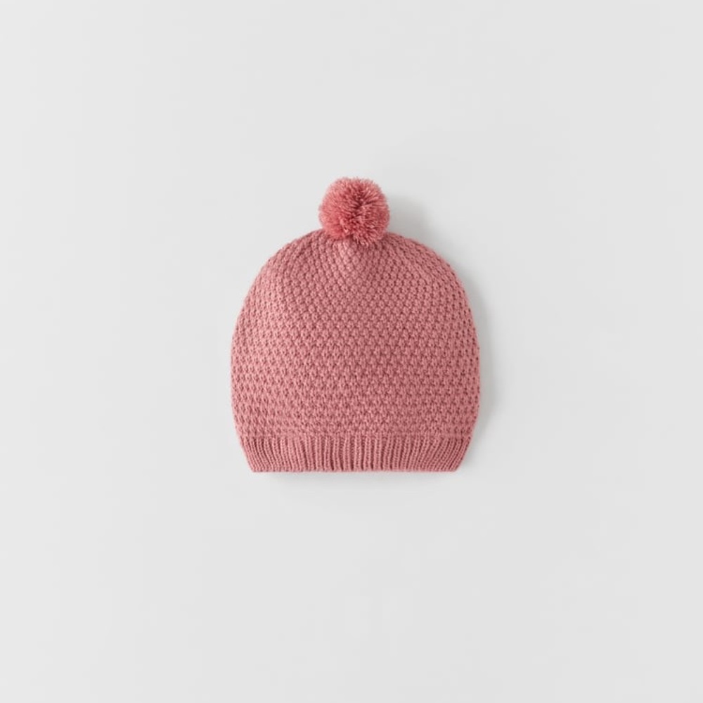 NWT Zara 6-12m knit hat with pompom pink - Picture 1 of 2